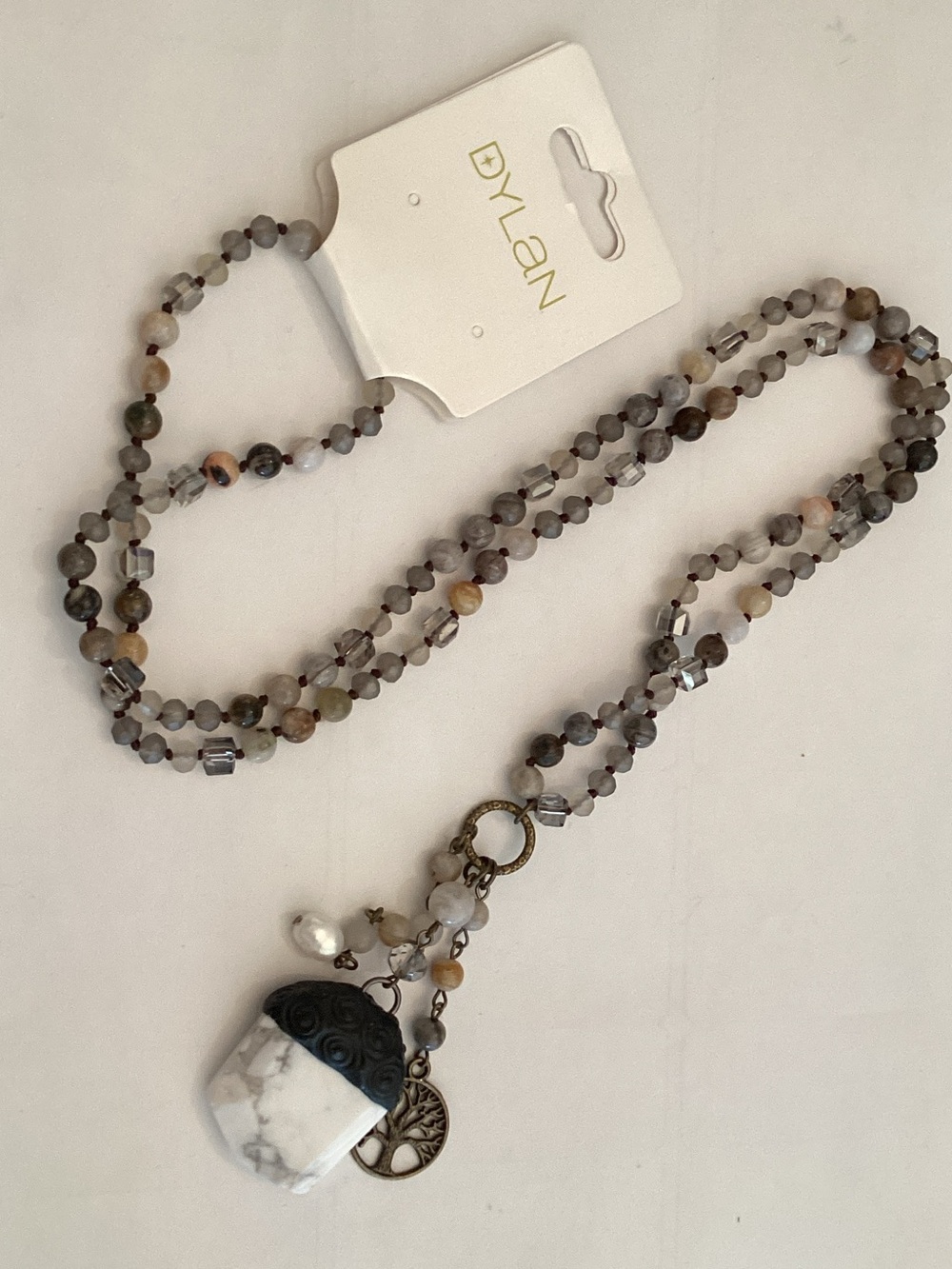 dylan Gray and White Beaded Necklace with Howlite Pendant